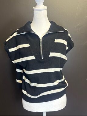 Belldini Black and White Striped Zip-Collar Sweater